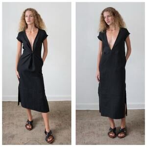 Zii Ropa Oly Midi Dress Size Medium Washed Black Linen Oversized Lagenlook